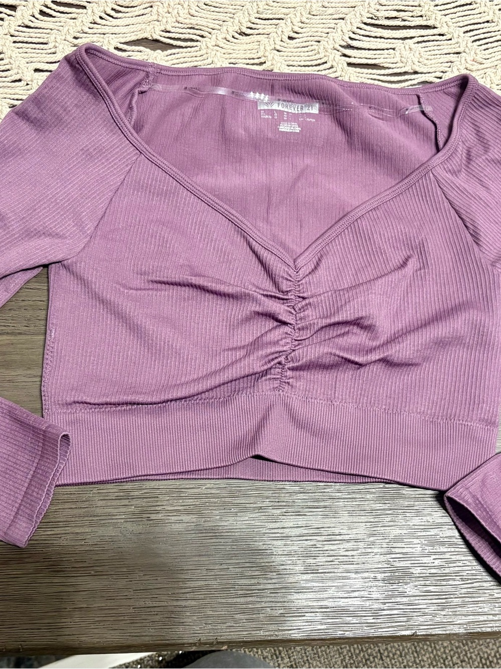 Forever 21 Dusty Mauve Ruched V-Neck Long Sleeve Crop Top